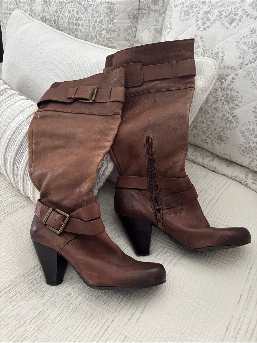Arturo Chiang Cognac Brown Leather Buckle Heeled Boots